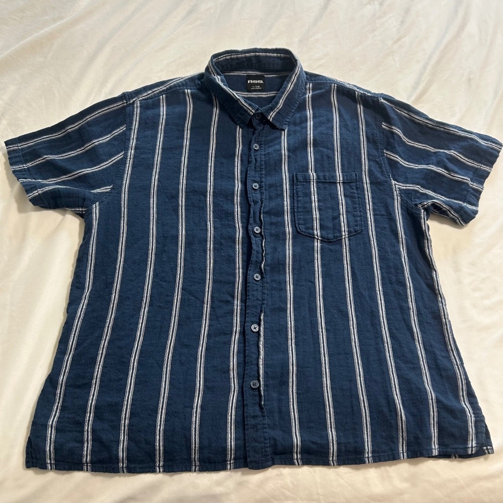 RSQ Mens XXL Navy Blue White Striped Short Sleeve Cotton Linen Button Down Shirt
